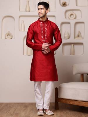 Men red jacquard with embroidered silk blend kurta with mirror embellishment 1