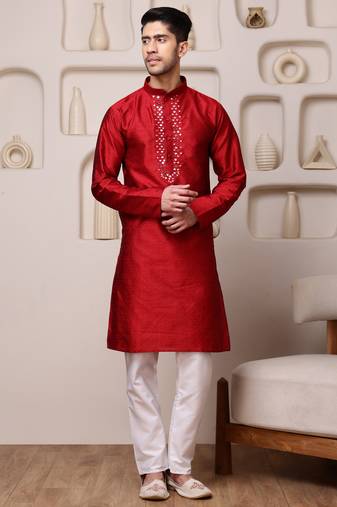 Men red jacquard with embroidered silk blend kurta with mirror embellishment