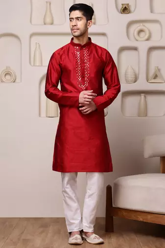 Men red jacquard with embroidered silk blend kurta with mirror embellishment