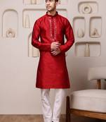 Men red jacquard with embroidered silk blend kurta with mirror embellishment