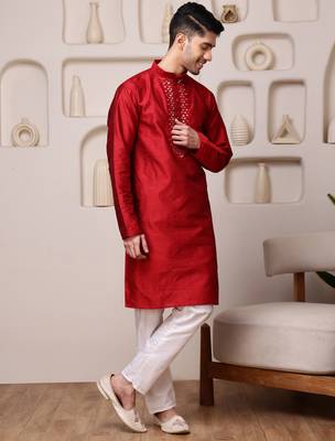 Men red jacquard with embroidered silk blend kurta with mirror embellishment 2