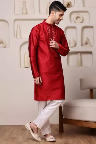 Men red jacquard with embroidered silk blend kurta with mirror embellishment