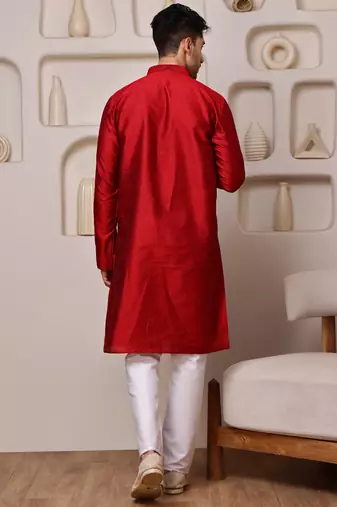 Men red jacquard with embroidered silk blend kurta with mirror embellishment
