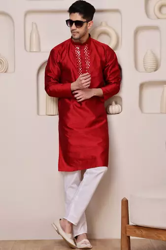 Men red jacquard with embroidered silk blend kurta with mirror embellishment