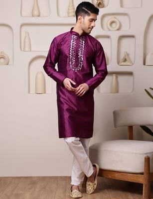 Men wine jacquard with embroidered silk blend kurta with mirror embellishment 1