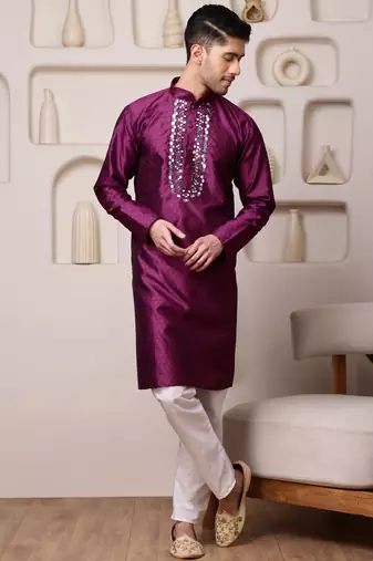 Men wine jacquard with embroidered silk blend kurta with mirror embellishment