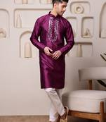 Men wine jacquard with embroidered silk blend kurta with mirror embellishment