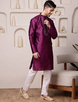 Men wine jacquard with embroidered silk blend kurta with mirror embellishment 2