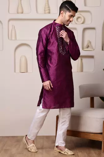 Men wine jacquard with embroidered silk blend kurta with mirror embellishment
