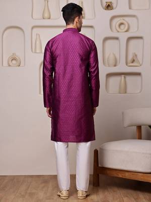 Men wine jacquard with embroidered silk blend kurta with mirror embellishment 3