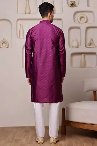 Men wine jacquard with embroidered silk blend kurta with mirror embellishment