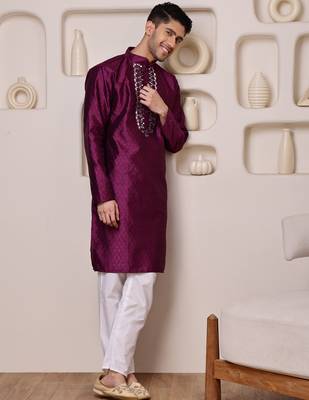 Men wine jacquard with embroidered silk blend kurta with mirror embellishment 4