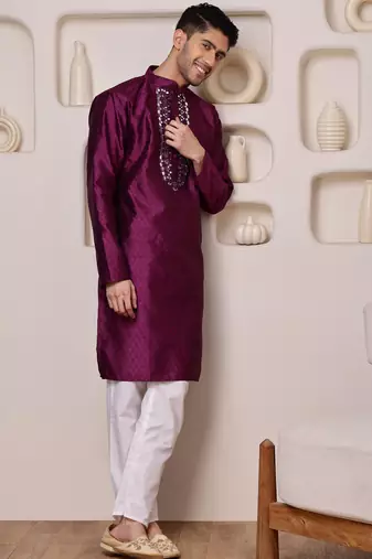 Men wine jacquard with embroidered silk blend kurta with mirror embellishment