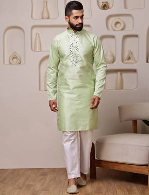 Men green jacquard with embroidered silk blend kurta with mirror embellishment 1