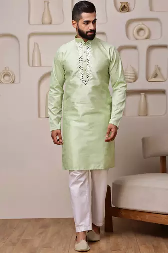 Men green jacquard with embroidered silk blend kurta with mirror embellishment