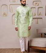 Men green jacquard with embroidered silk blend kurta with mirror embellishment