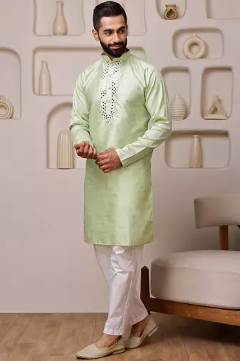 Men green jacquard with embroidered silk blend kurta with mirror embellishment