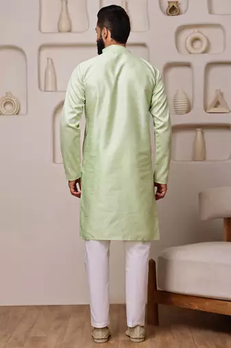 Men green jacquard with embroidered silk blend kurta with mirror embellishment
