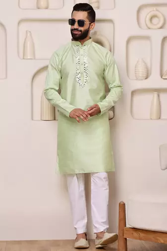 Men green jacquard with embroidered silk blend kurta with mirror embellishment
