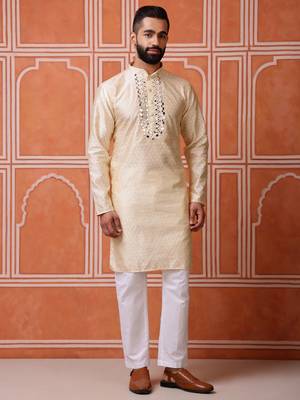 Men biege jacquard with embroidered silk blend kurta with mirror embellishment 1