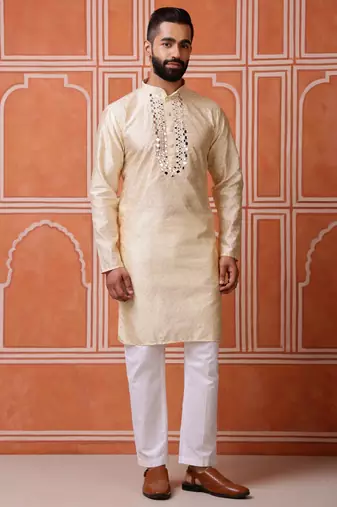 Men biege jacquard with embroidered silk blend kurta with mirror embellishment