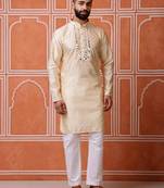 Men biege jacquard with embroidered silk blend kurta with mirror embellishment