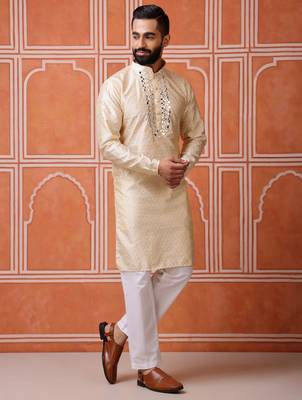 Men biege jacquard with embroidered silk blend kurta with mirror embellishment 2