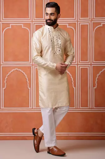 Men biege jacquard with embroidered silk blend kurta with mirror embellishment