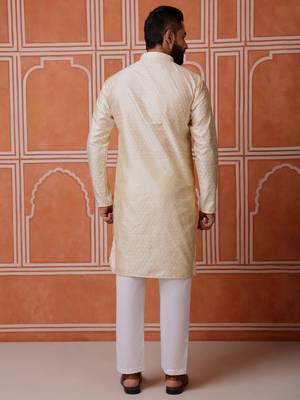 Men biege jacquard with embroidered silk blend kurta with mirror embellishment 3