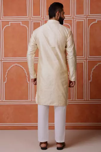 Men biege jacquard with embroidered silk blend kurta with mirror embellishment