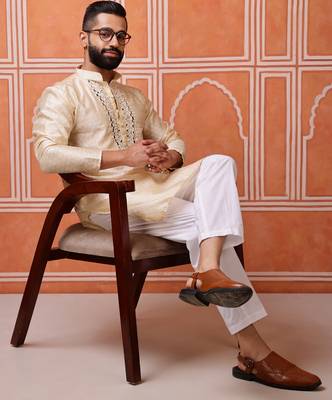 Men biege jacquard with embroidered silk blend kurta with mirror embellishment 4