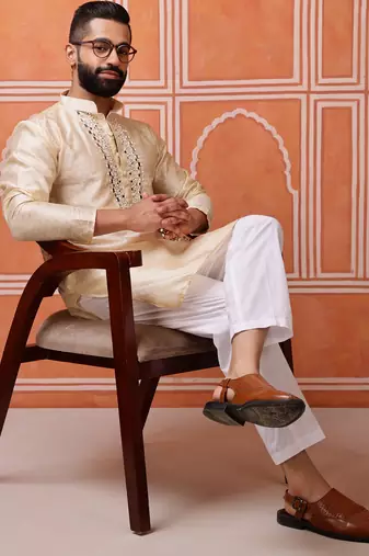 Men biege jacquard with embroidered silk blend kurta with mirror embellishment