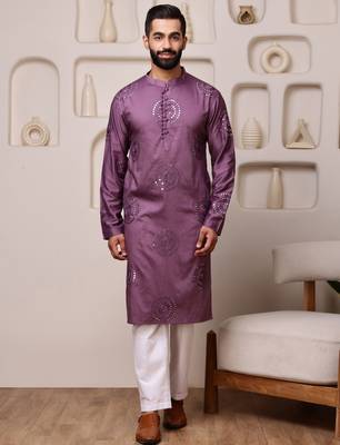 Men wine embroidered viscose blend kurta with thread and mirror 1