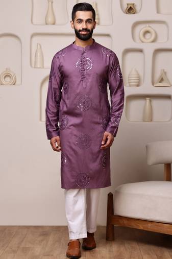 Men wine embroidered viscose blend kurta with thread and mirror