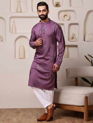 Men wine embroidered viscose blend kurta with thread and mirror 2