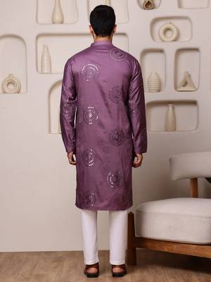 Men wine embroidered viscose blend kurta with thread and mirror 3