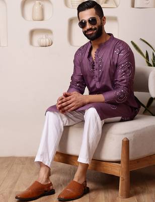 Men wine embroidered viscose blend kurta with thread and mirror 4
