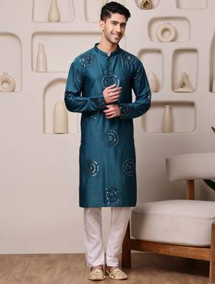 Men blue embroidered viscose blend kurta with thread and mirror 1