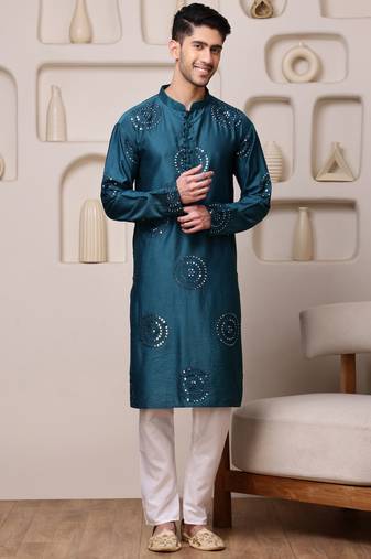 Men blue embroidered viscose blend kurta with thread and mirror