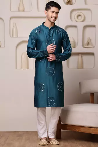 Men blue embroidered viscose blend kurta with thread and mirror