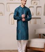 Men blue embroidered viscose blend kurta with thread and mirror