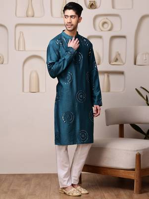 Men blue embroidered viscose blend kurta with thread and mirror 2