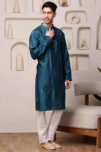 Men blue embroidered viscose blend kurta with thread and mirror