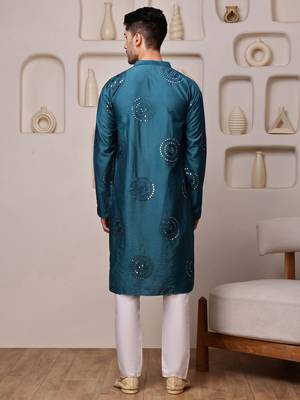 Men blue embroidered viscose blend kurta with thread and mirror 3