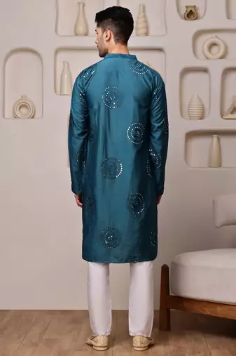 Men blue embroidered viscose blend kurta with thread and mirror