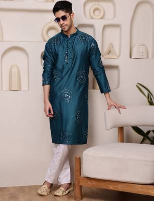 Men blue embroidered viscose blend kurta with thread and mirror 4