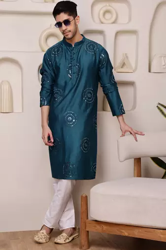 Men blue embroidered viscose blend kurta with thread and mirror
