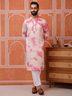Men pink embroidered viscose blend tie-dye kurta with mirror buti 1