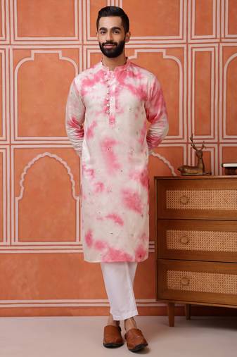 Men pink embroidered viscose blend tie-dye kurta with mirror buti