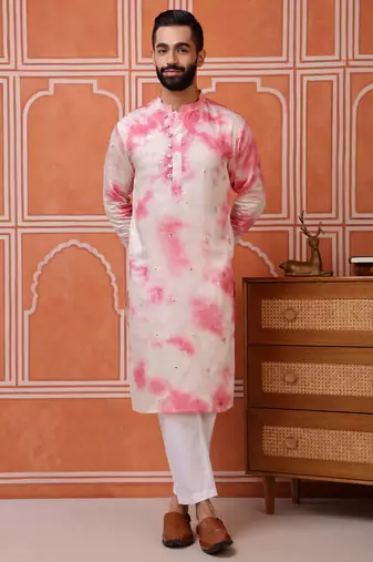 Men pink embroidered viscose blend tie-dye kurta with mirror buti